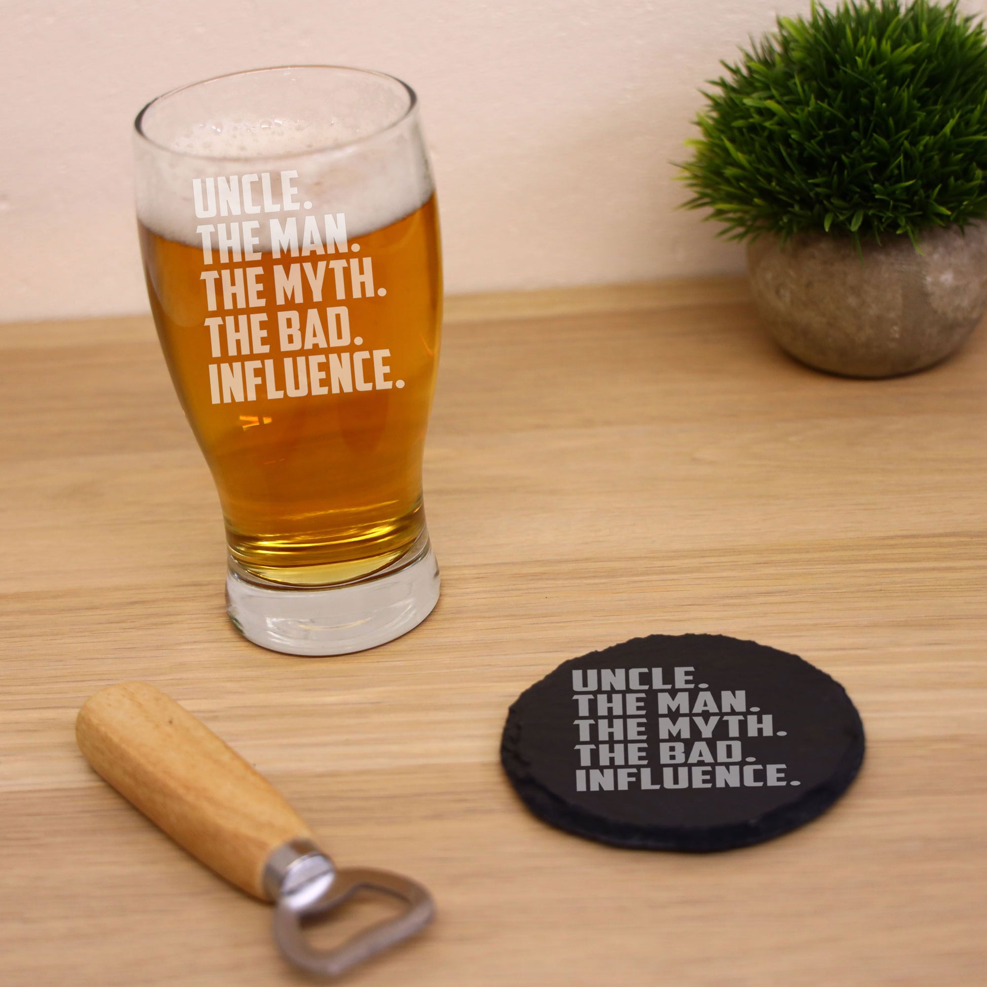 Uncle, The Man, The Myth, The Bad Influence Engraved Beer Glass and/or Coaster Set  - Always Looking Good - Glass & Round Coaster Set  