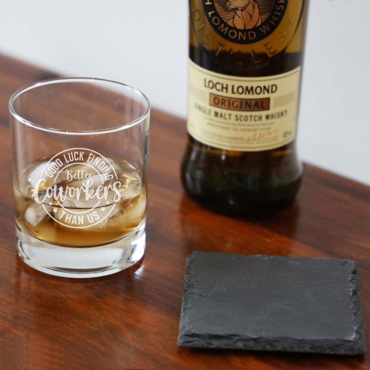 “Better Coworker” Engraved Whisky Glass & Coaster – Coworker Gift