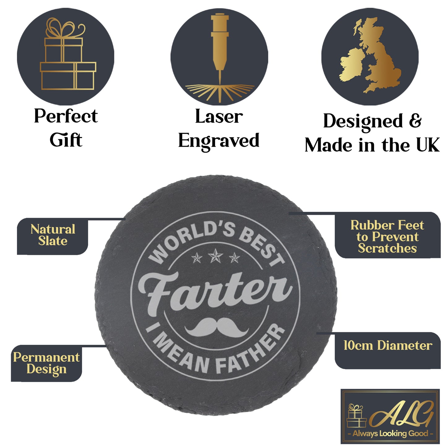 Worlds Best Farter I Mean Father Engraved Beer Glass and/or Coaster Set  - Always Looking Good -   