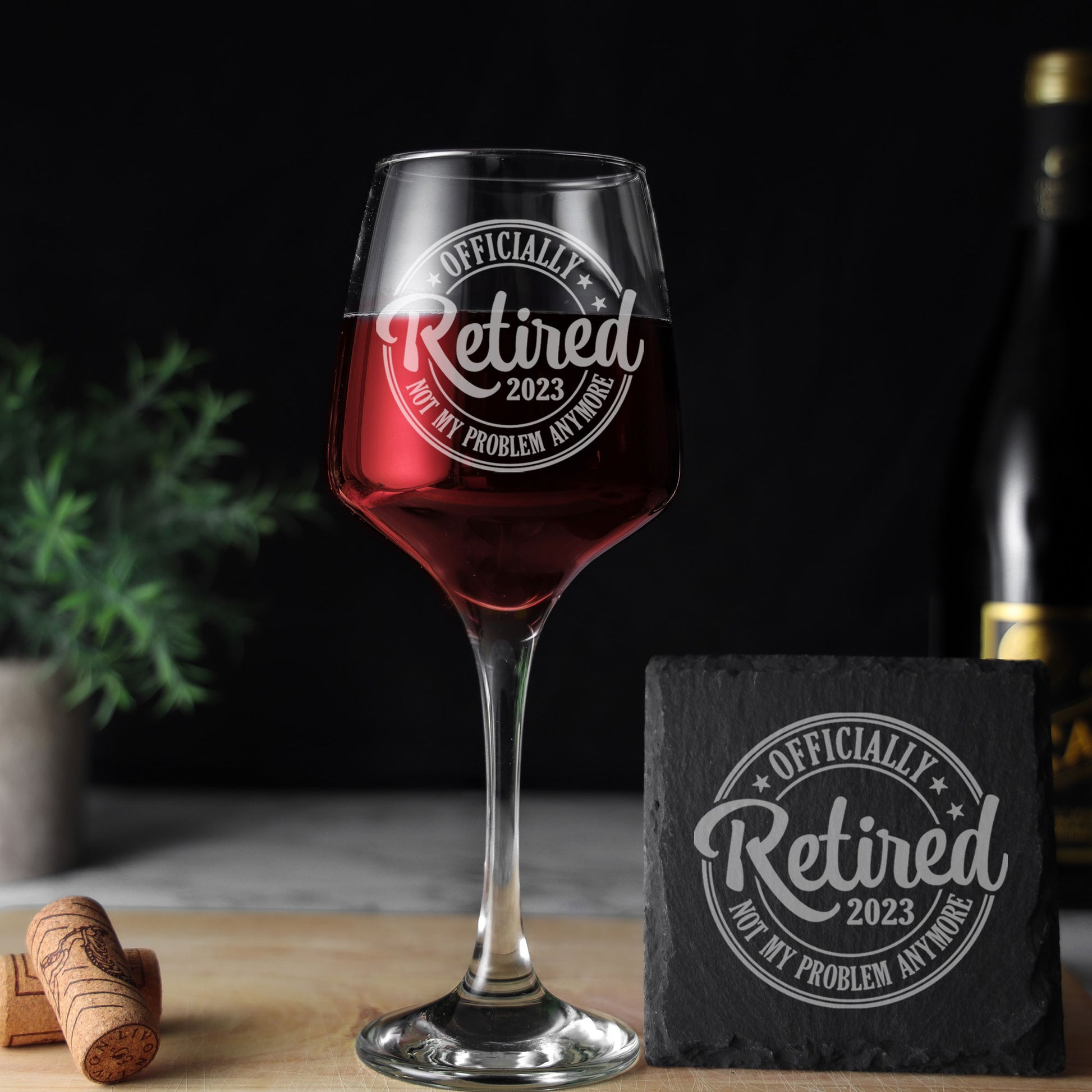 Officially Retired Engraved Wine Glass and/or Coaster Set  - Always Looking Good - Glass & Square Coaster Set  