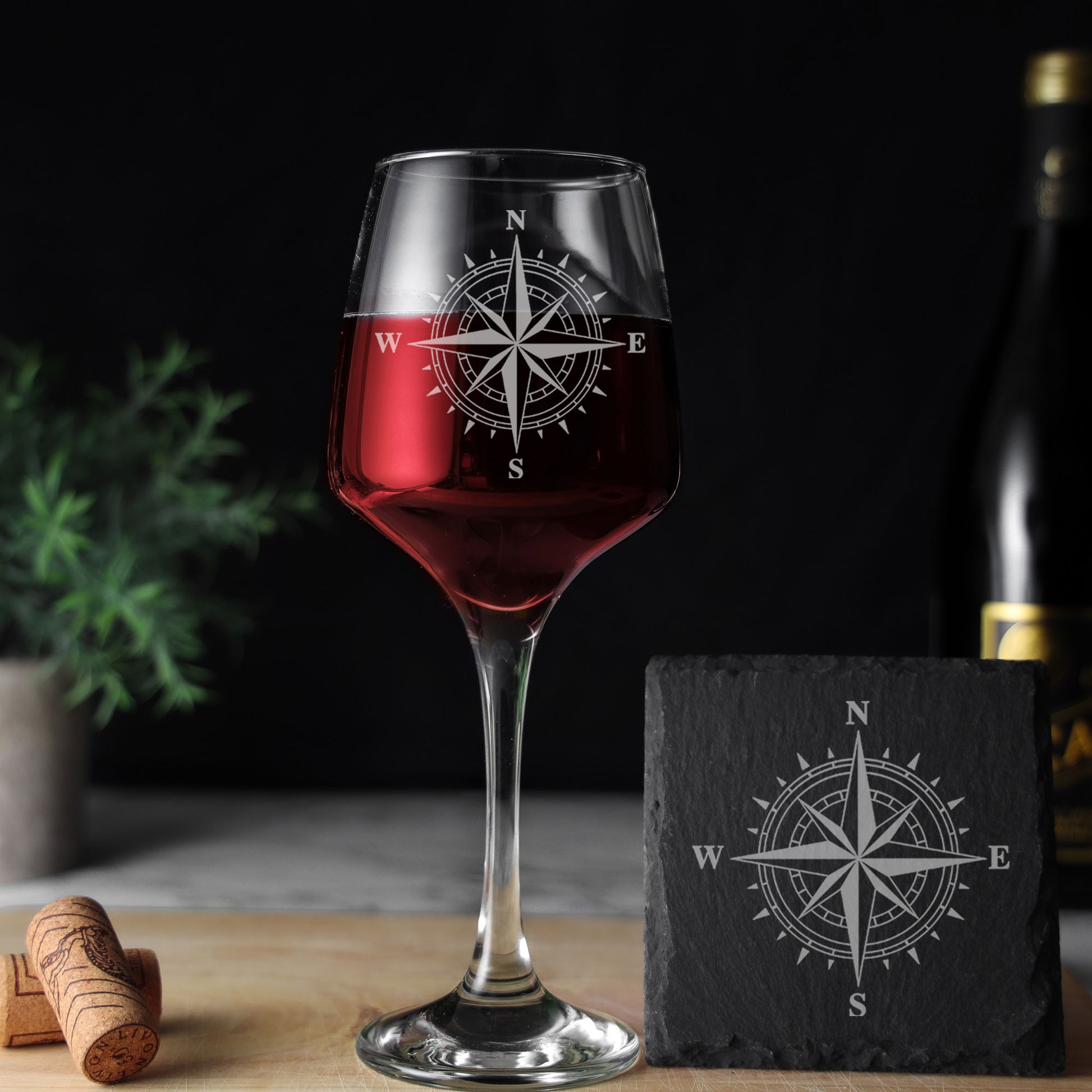 Compass Engraved Wine Glass and/or Coaster Set  - Always Looking Good - Glass & Square Coaster Set  