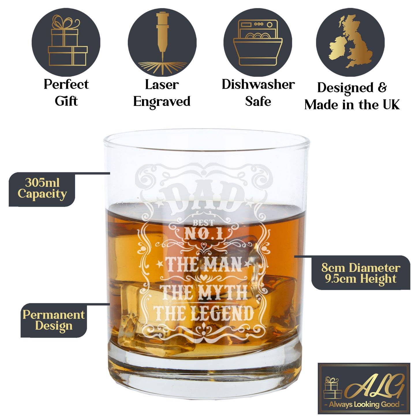 Dad The Man The Myth The Legend Engraved Whisky Glass and/or Coaster Set  - Always Looking Good -   