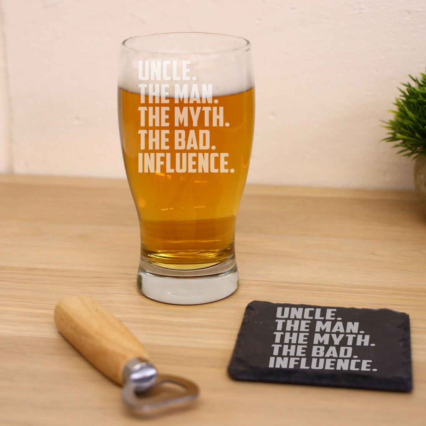 Uncle, The Man, The Myth, The Bad Influence Engraved Beer Glass and/or Coaster Set  - Always Looking Good - Glass & Square Coaster Set  