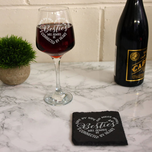 Besties Connected By Heart Engraved Wine Glass and/or Coaster Set - Always Looking Good -