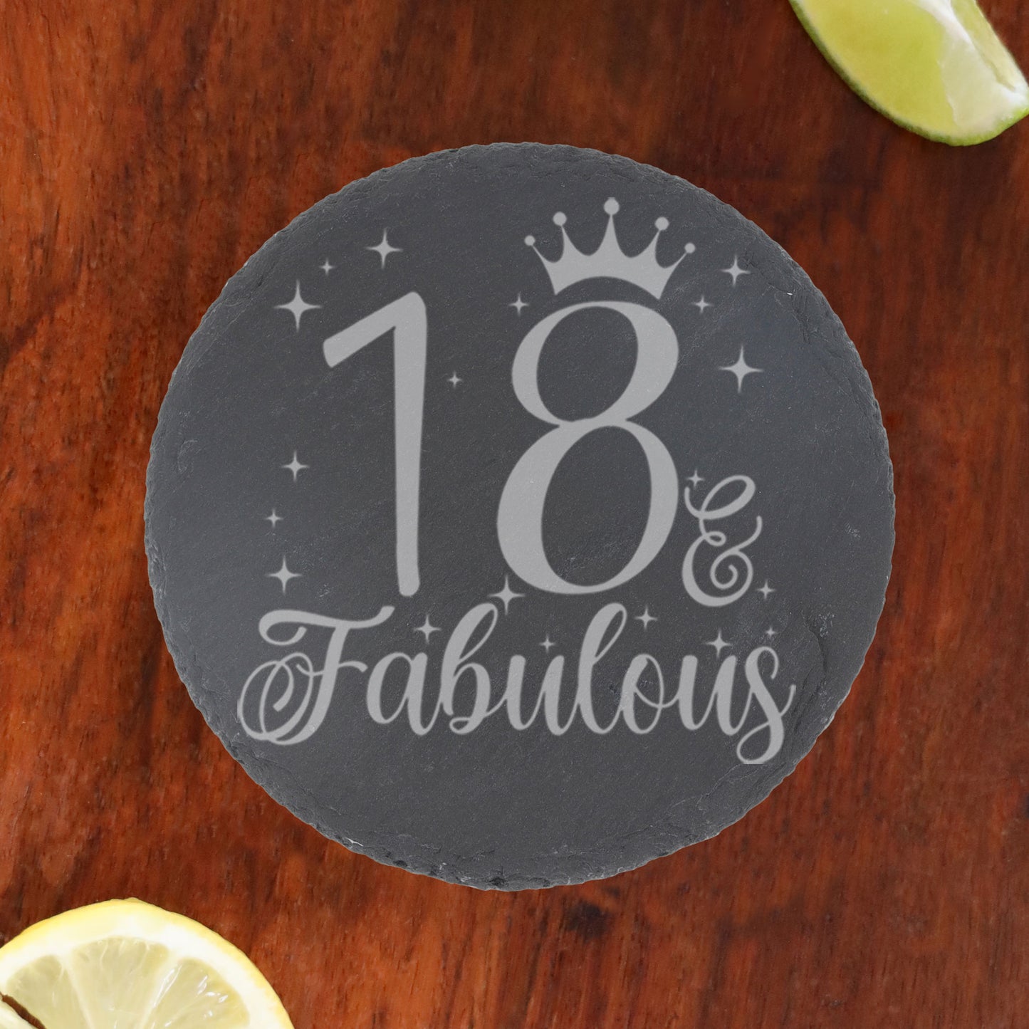 18 & Fabulous Engraved Champagne Glass and/or Coaster Set - Always Looking Good - Round Coaster On Its Own