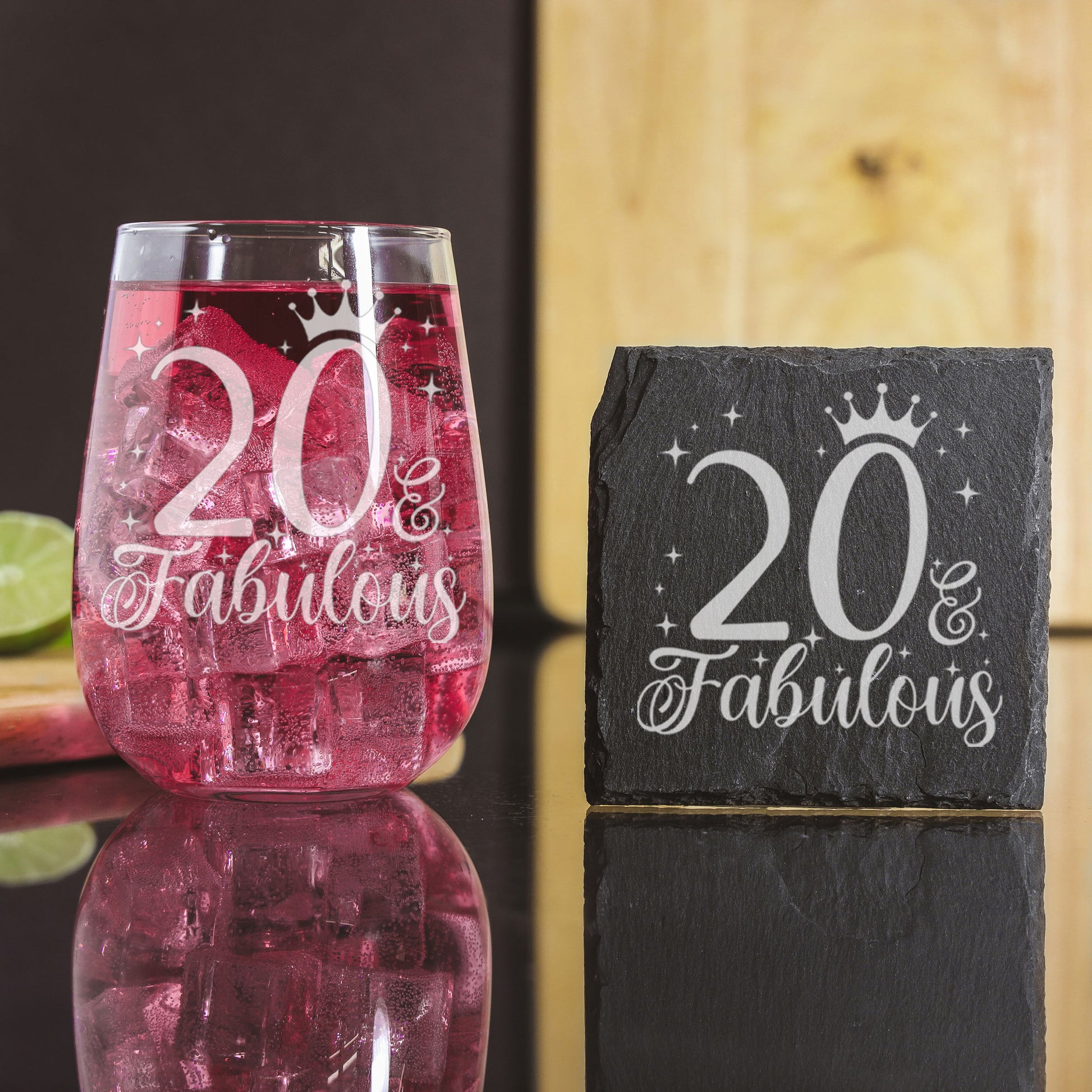 20 & Fabulous Engraved Stemless Gin Glass and/or Coaster Set  - Always Looking Good - Glass & Square Coaster Set  