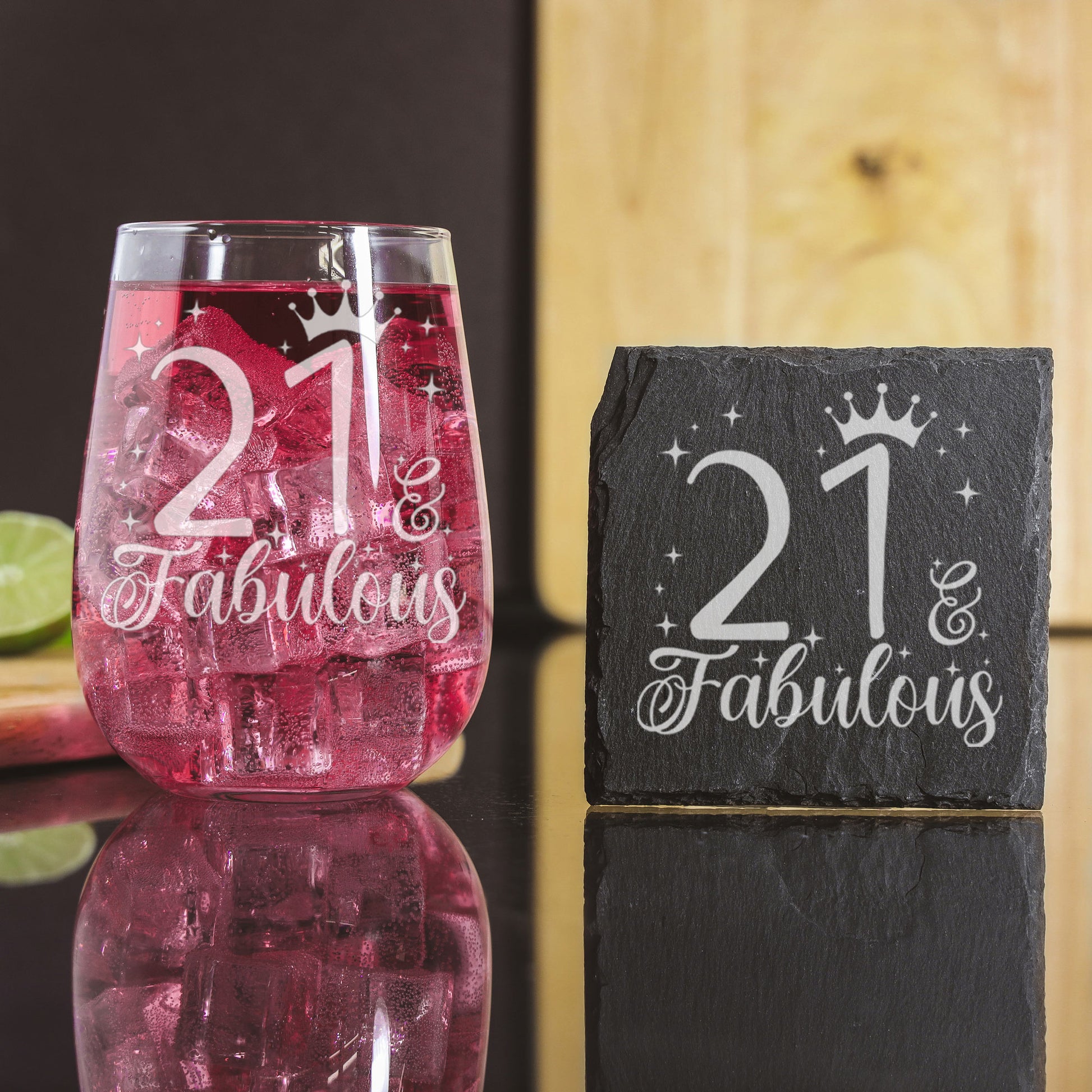 21 & Fabulous Engraved Stemless Gin Glass and/or Coaster Set  - Always Looking Good - Glass & Square Coaster Set  