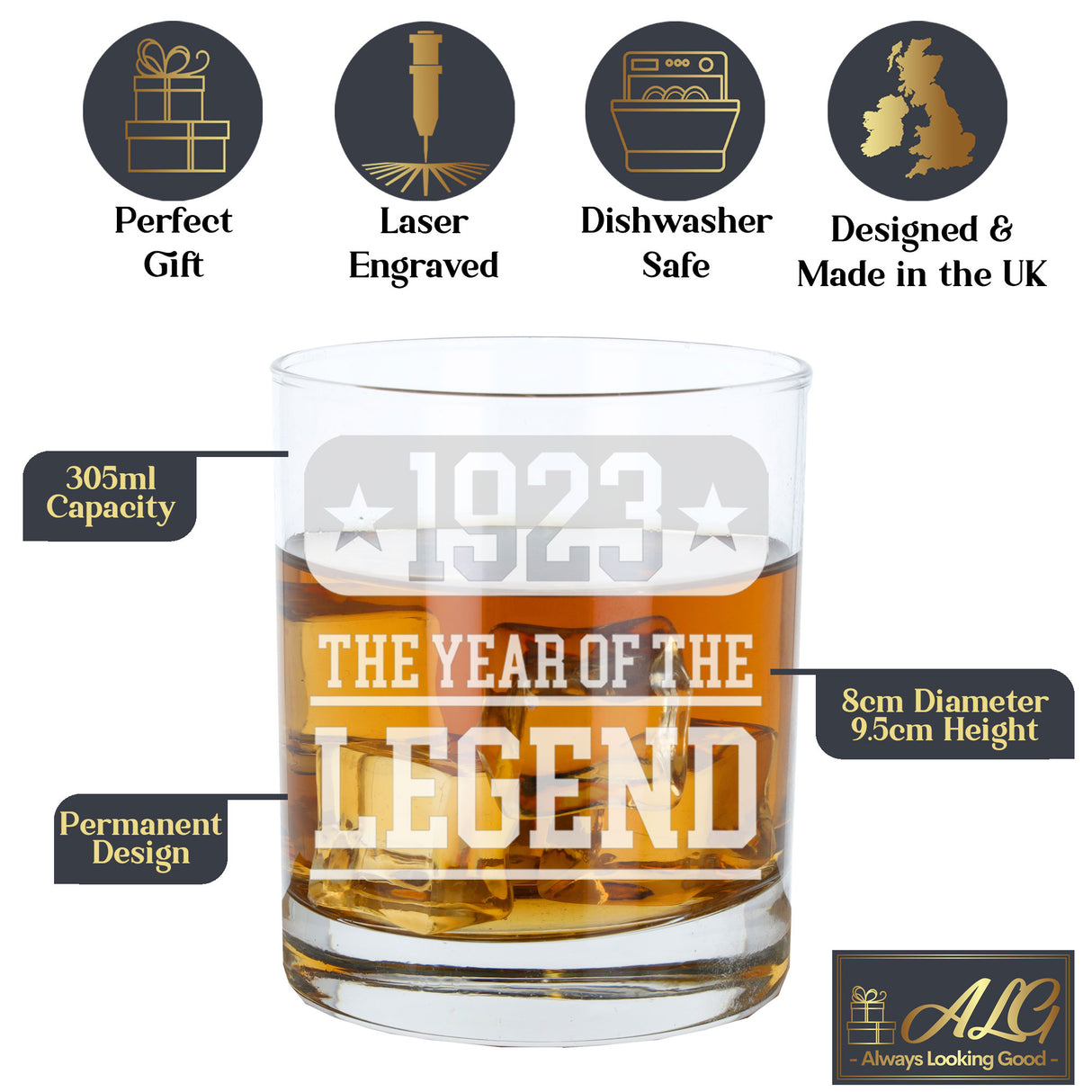 ANY Year Of The Legend Engraved Personalised Whisky Glass and/or Coaster Set - Always Looking Good -