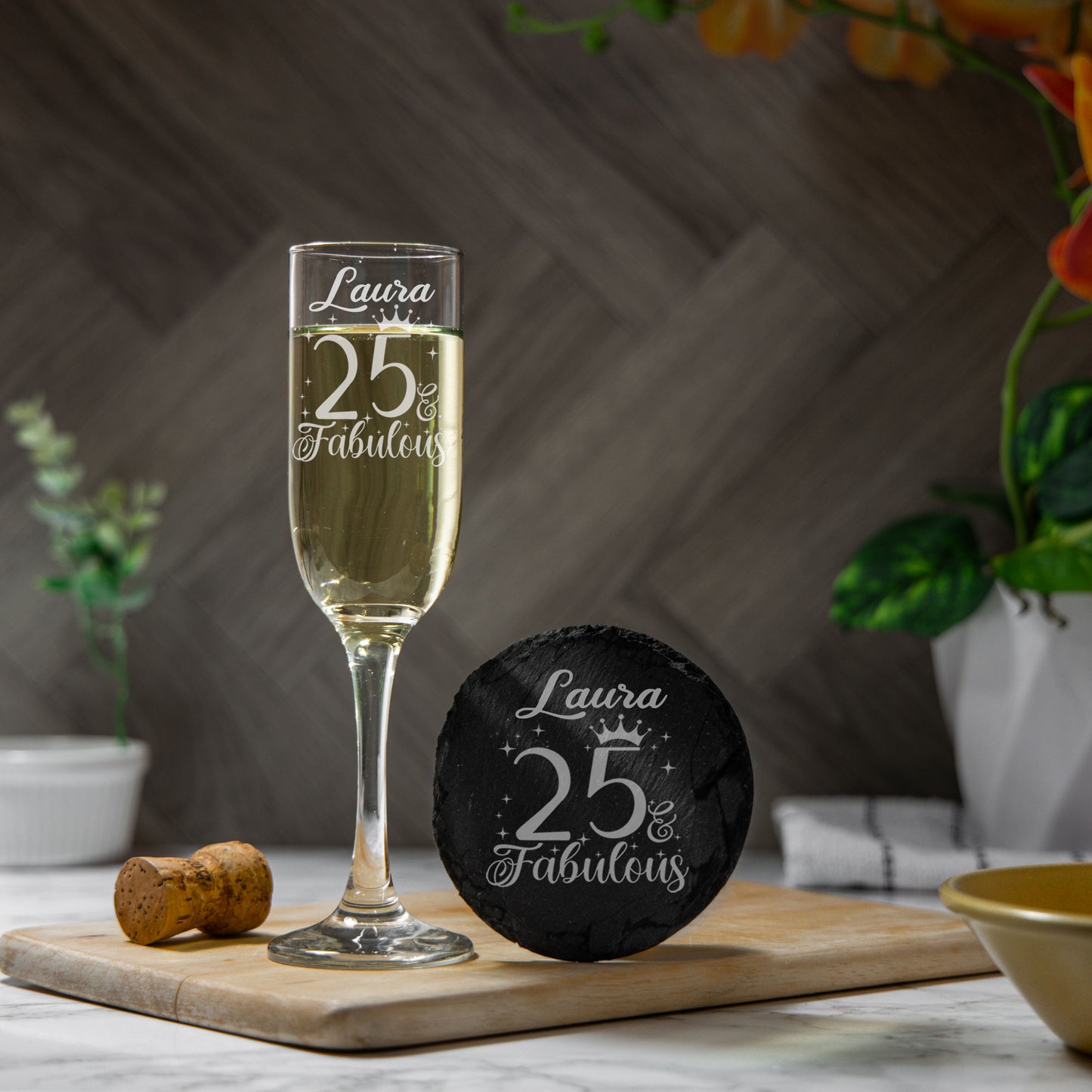 25 & Fabulous Engraved Champagne Glass and/or Coaster Set  - Always Looking Good - Glass & Round Coaster Set  
