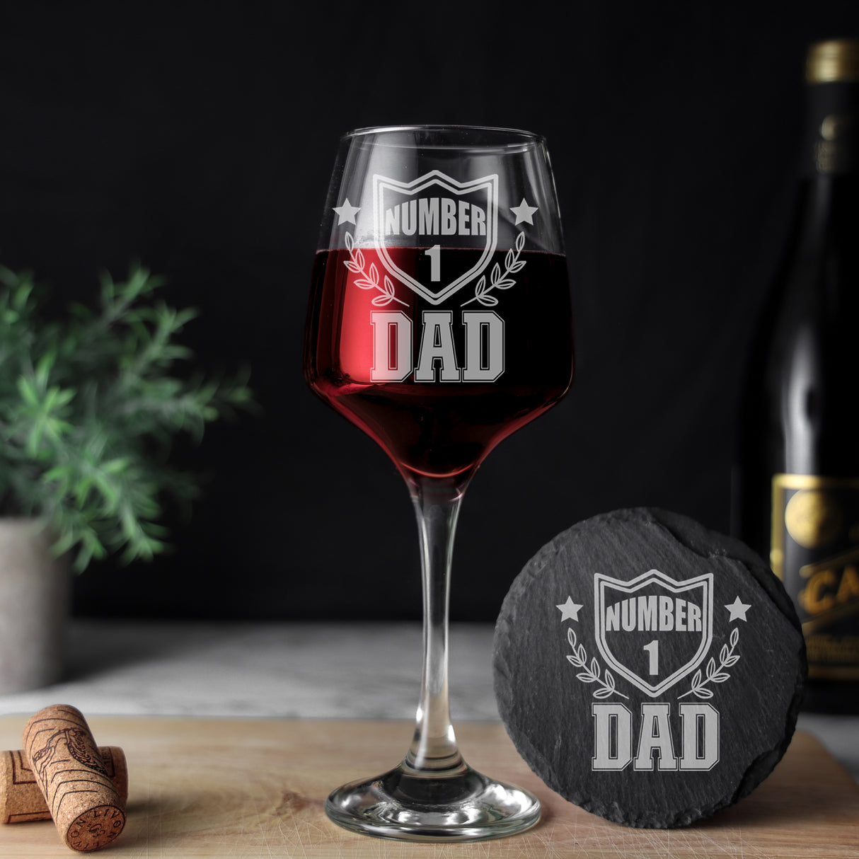 "Number 1 dad/Grandad" Engraved Wine Glass and/or Coaster Set
