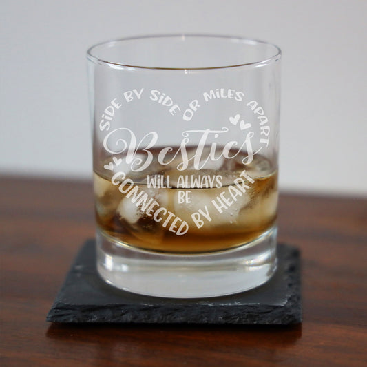 Besties Connected By Heart Engraved Whisky Glass and/or Coaster Set - Always Looking Good -