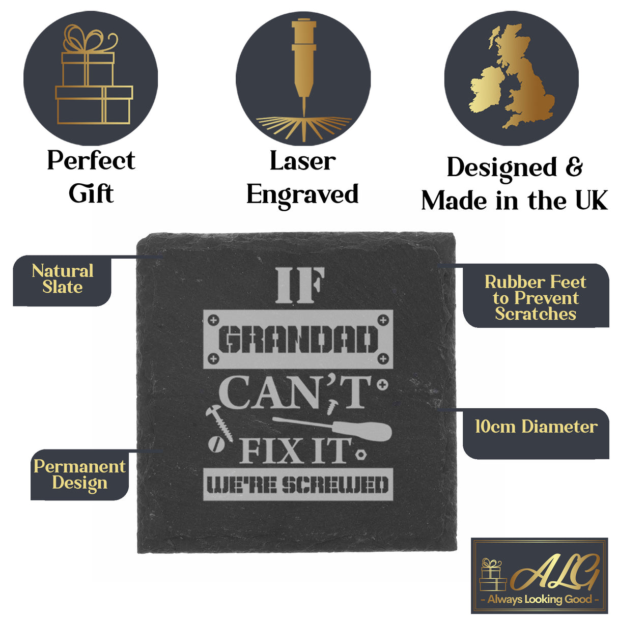Engraved "If Grandad Can't Fix It We're Screwed " Novelty Whisky Glass and/or Coaster Set - Always Looking Good -