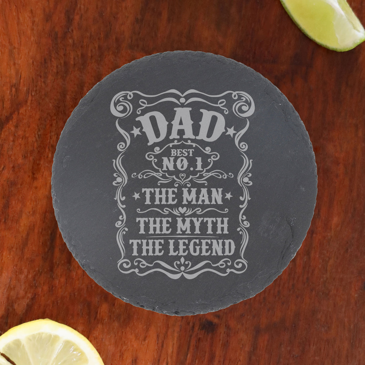 Dad The Man The Myth The Legend Engraved Whisky Glass and/or Coaster Set - Always Looking Good - Round Coaster Only