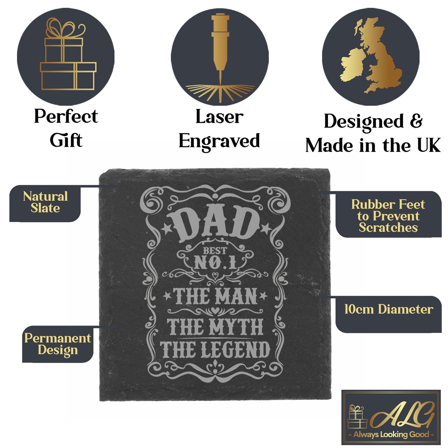 Dad The Man The Myth The Legend Engraved Beer Pint Glass and/or Coaster Set - Always Looking Good -