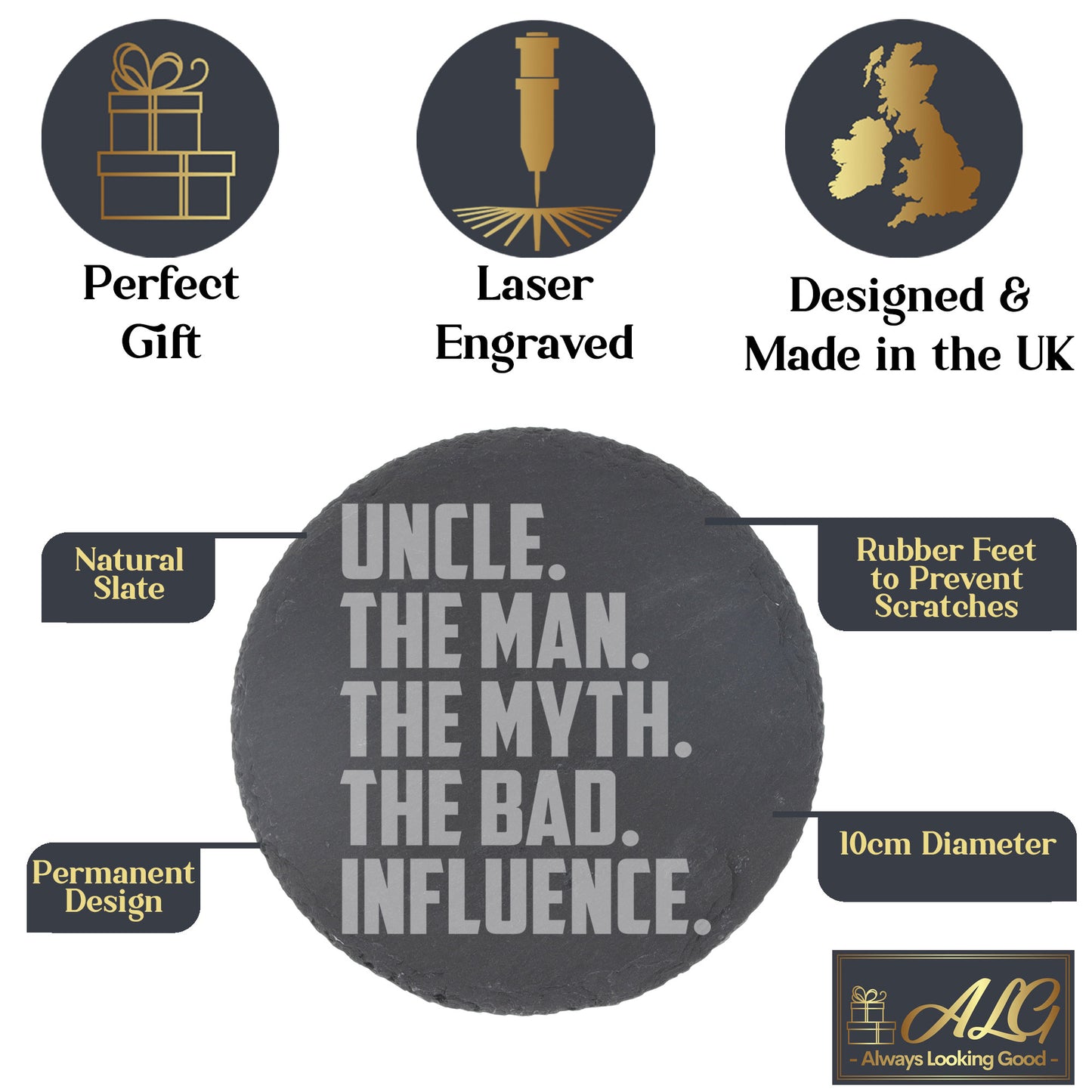 Uncle, The Man, The Myth, The Bad Influence Engraved Beer Glass and/or Coaster Set - Always Looking Good -