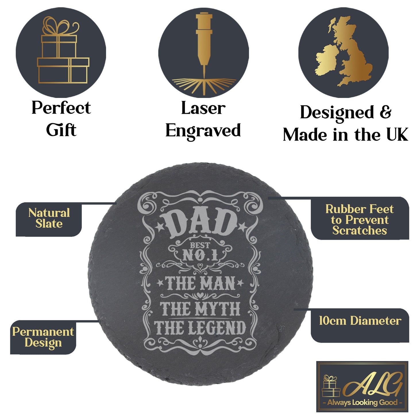 Dad The Man The Myth The Legend Engraved Whisky Glass and/or Coaster Set  - Always Looking Good -   