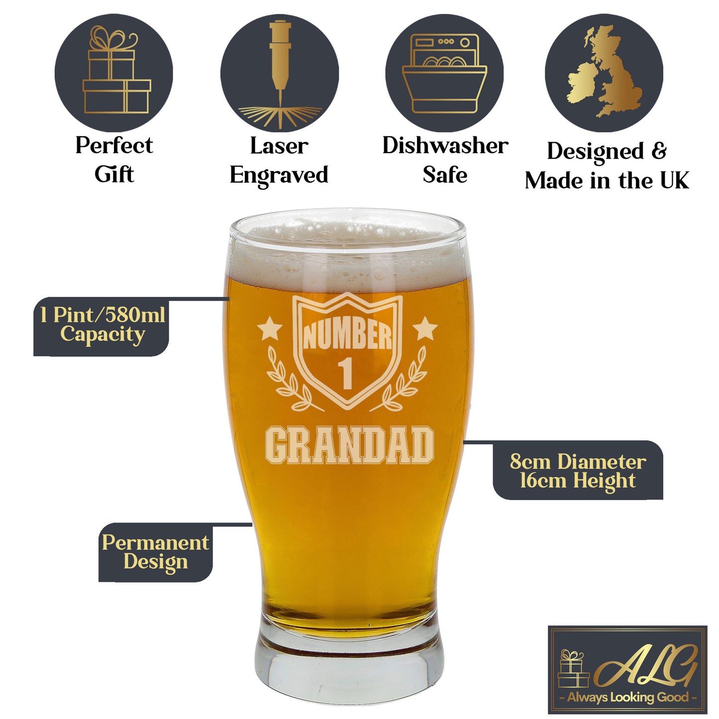 Number 1 Grandad Engraved Beer Pint Glass  - Always Looking Good -   