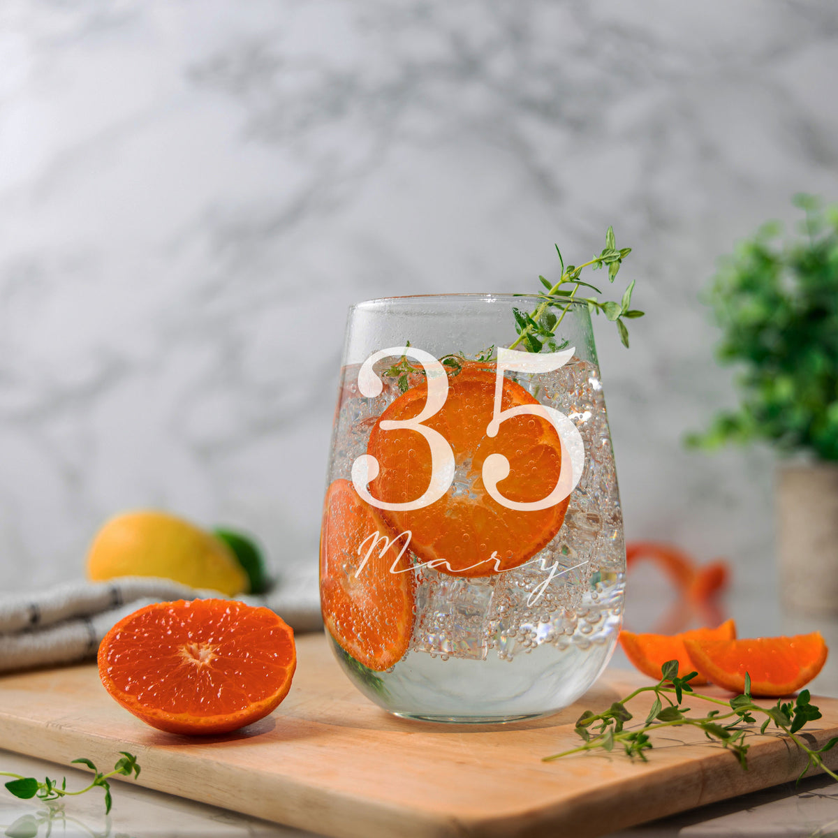 Personalised Engraved Name and Age Stemless Gin Glass – Birthday Gift