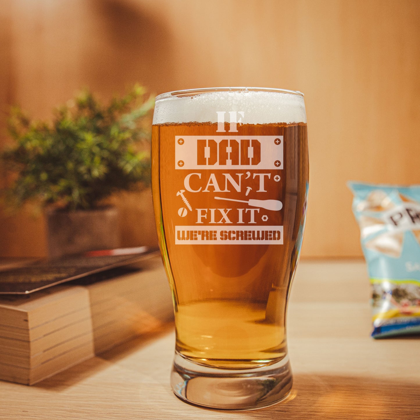 Engraved "If Dad Can't Fix It We're Screwed" Beer Glass and/or Coaster Set - Always Looking Good -
