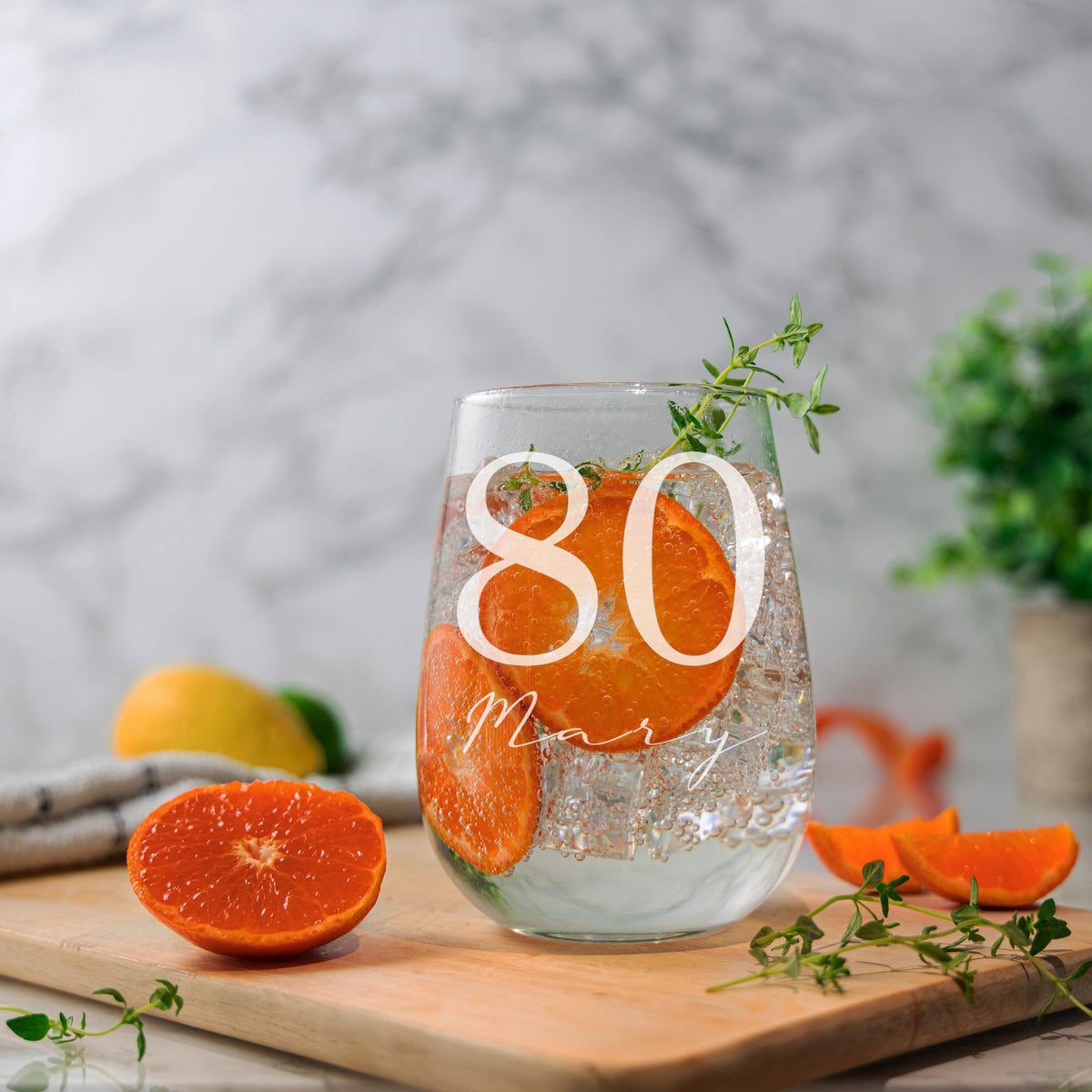 Personalised Engraved Name and Age Stemless Gin Glass – Birthday Gift