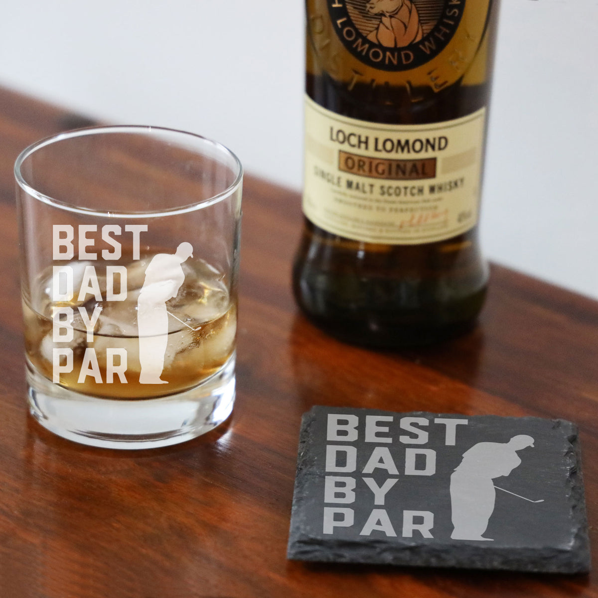 Best Dad By Par Engraved Whisky Glass and/or Coaster Gift for golf dad - Always Looking Good - Glass & Square Coaster Set