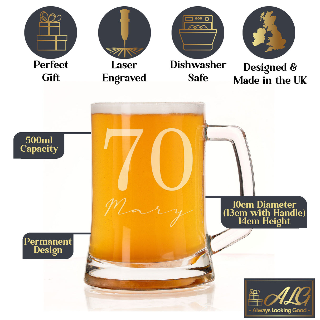 Name and Age Signature Font Engraved Beer Stein – Personalised Birthday Gift