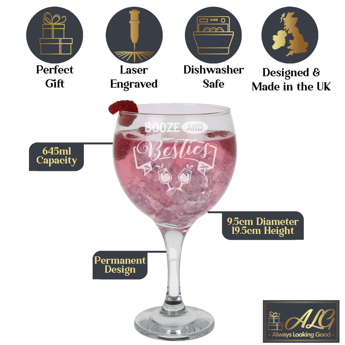 Booze and Besties Birthday Engraved Stemmed Gin Glass for Best Friend