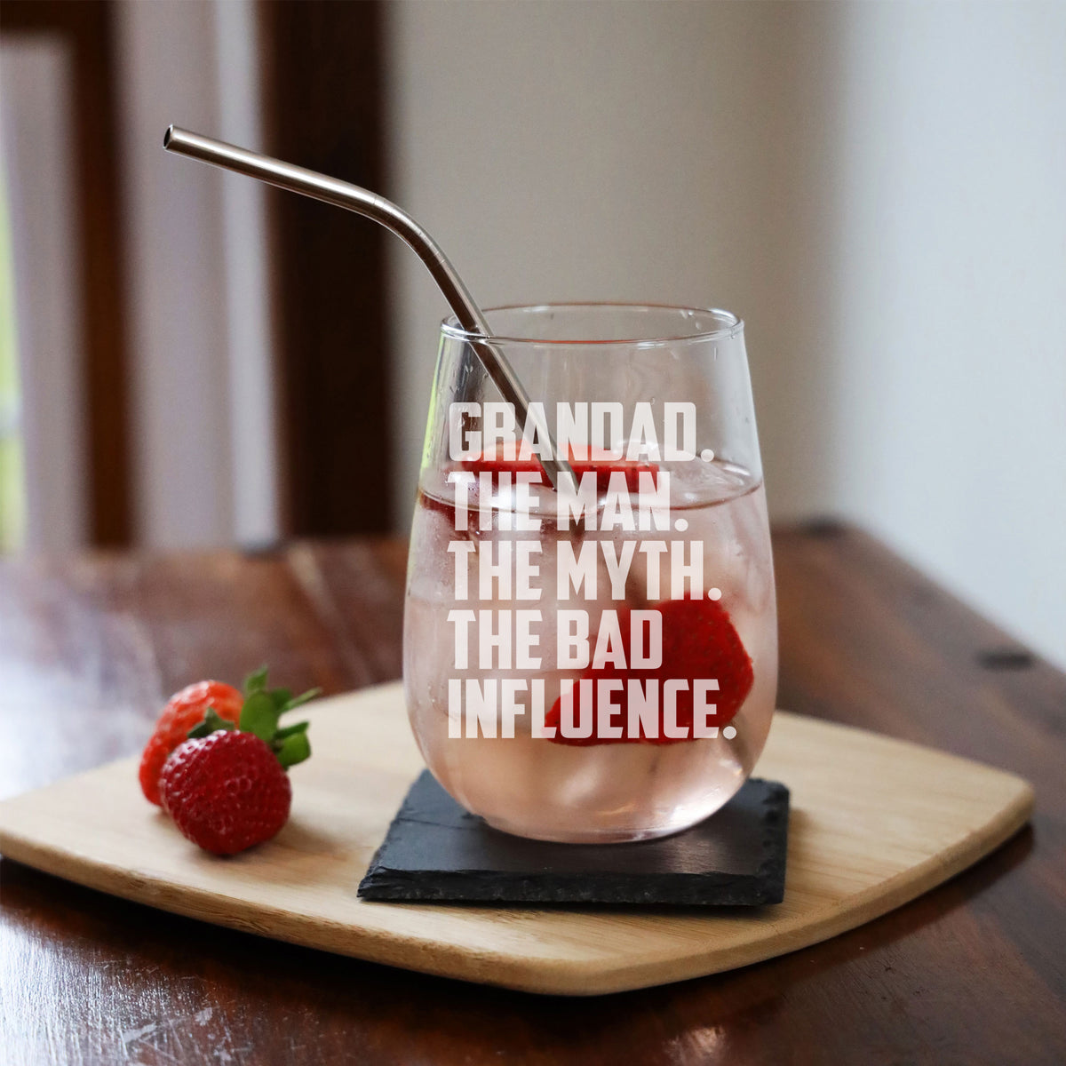 Grandad The Man The Myth The Bad Influence Stemless Gin Glass Birthday Gift
