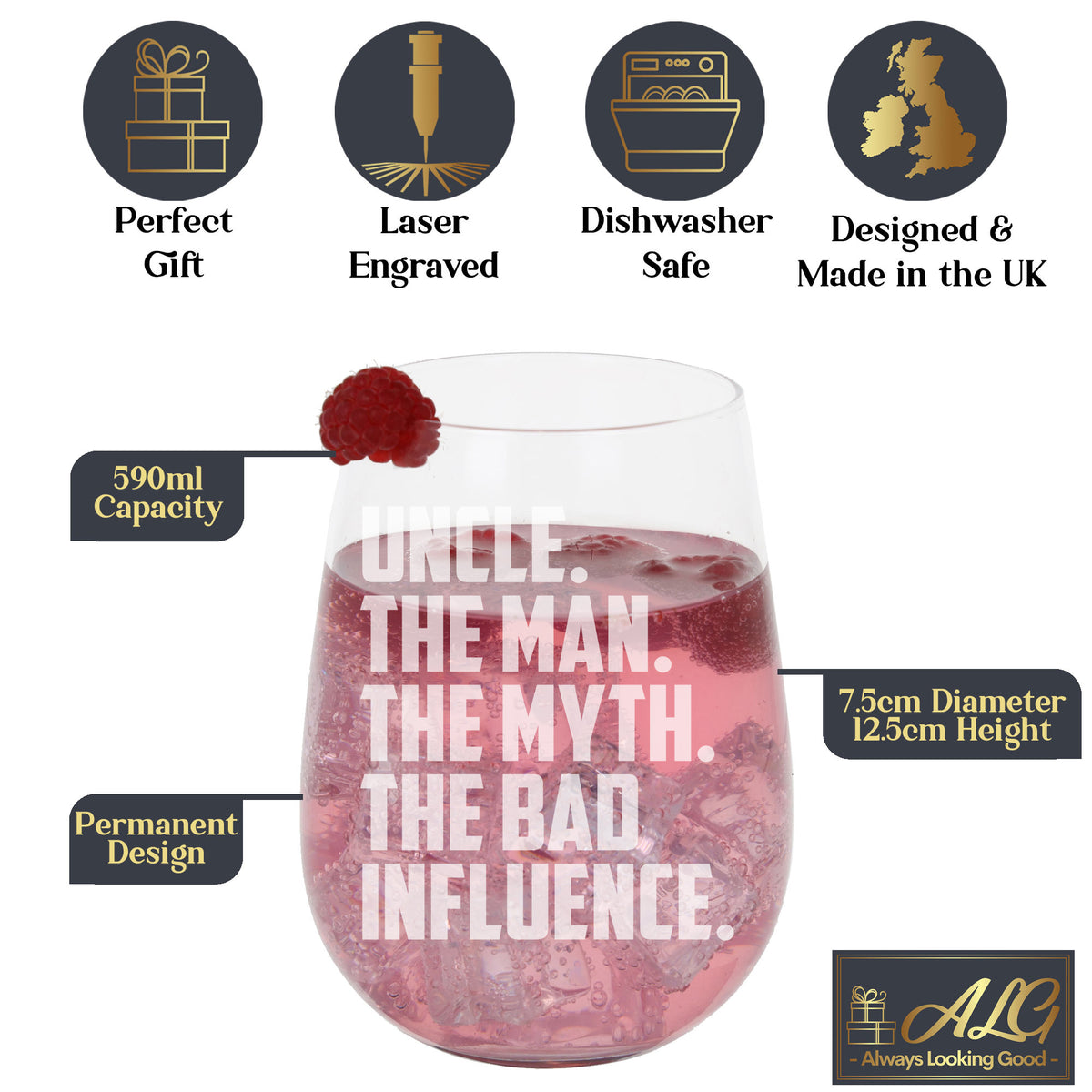 Uncle The Man The Myth The Bad Influence Stemless Gin Glass Birthday Gift