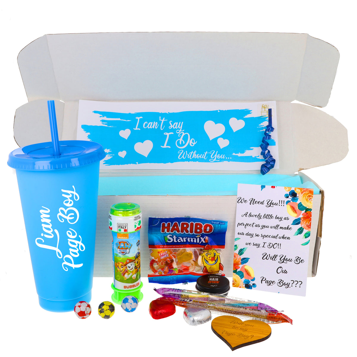 Page Boy Proposal Gift Box – Personalised Blue Juice Cup & Keepsake