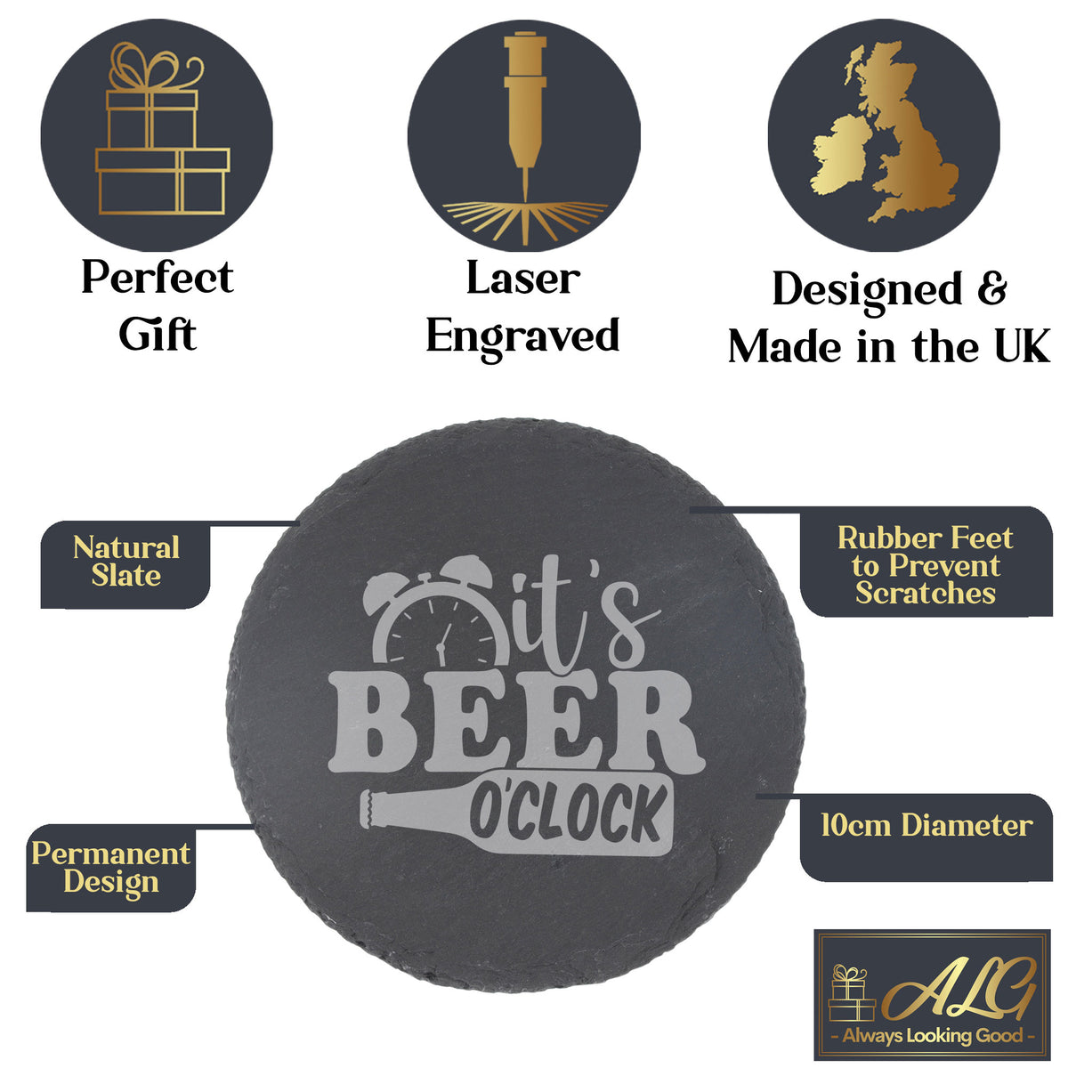 It's Beer O'Clock Engraved Slate Coaster with Funny Beer Quote