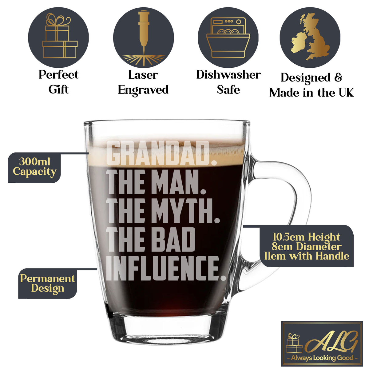 Grandad The Man The Myth The Bad Influence Glass Coffee Mug Birthday Gift