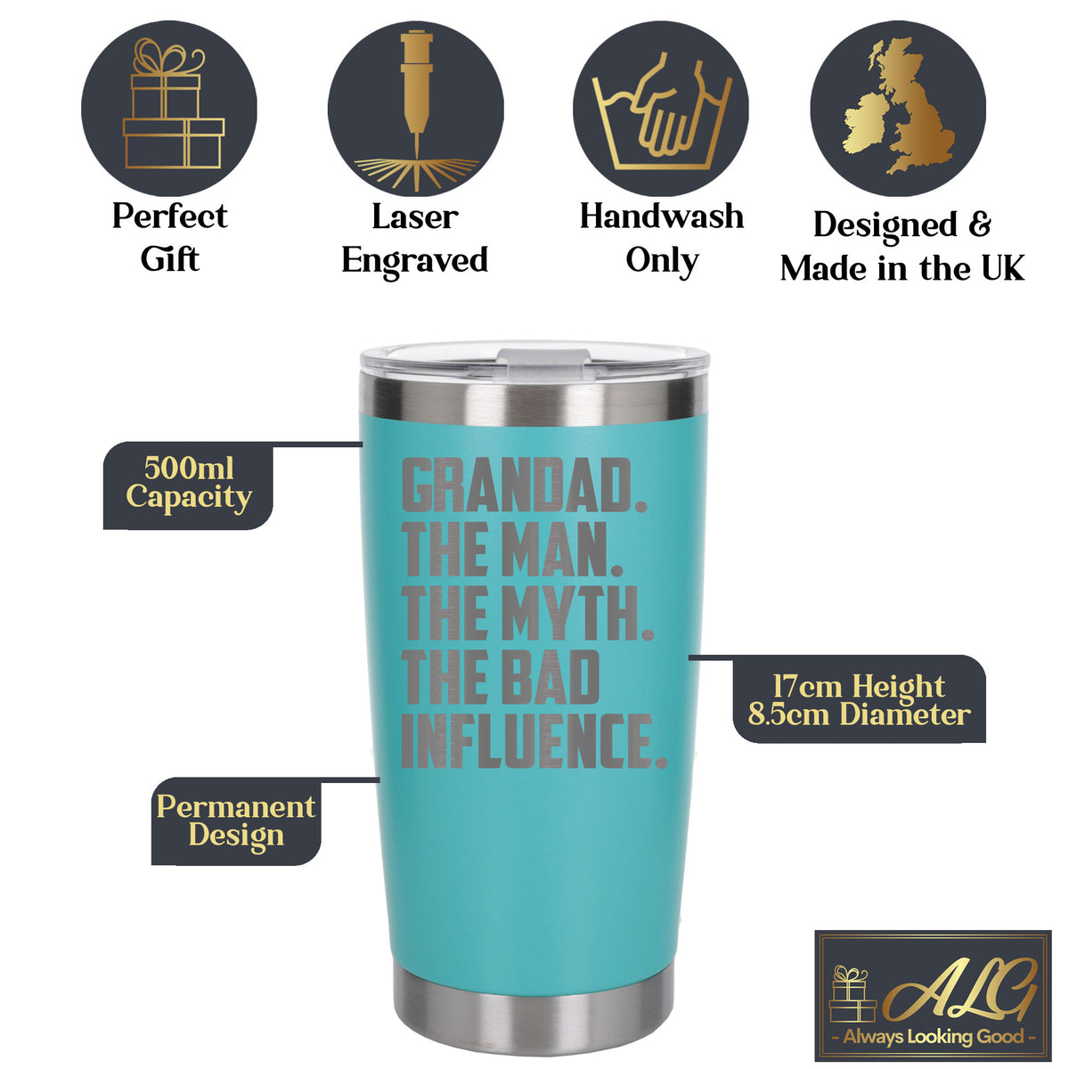 Grandad The Man The Myth The Bad Influence Engraved Travel Mug