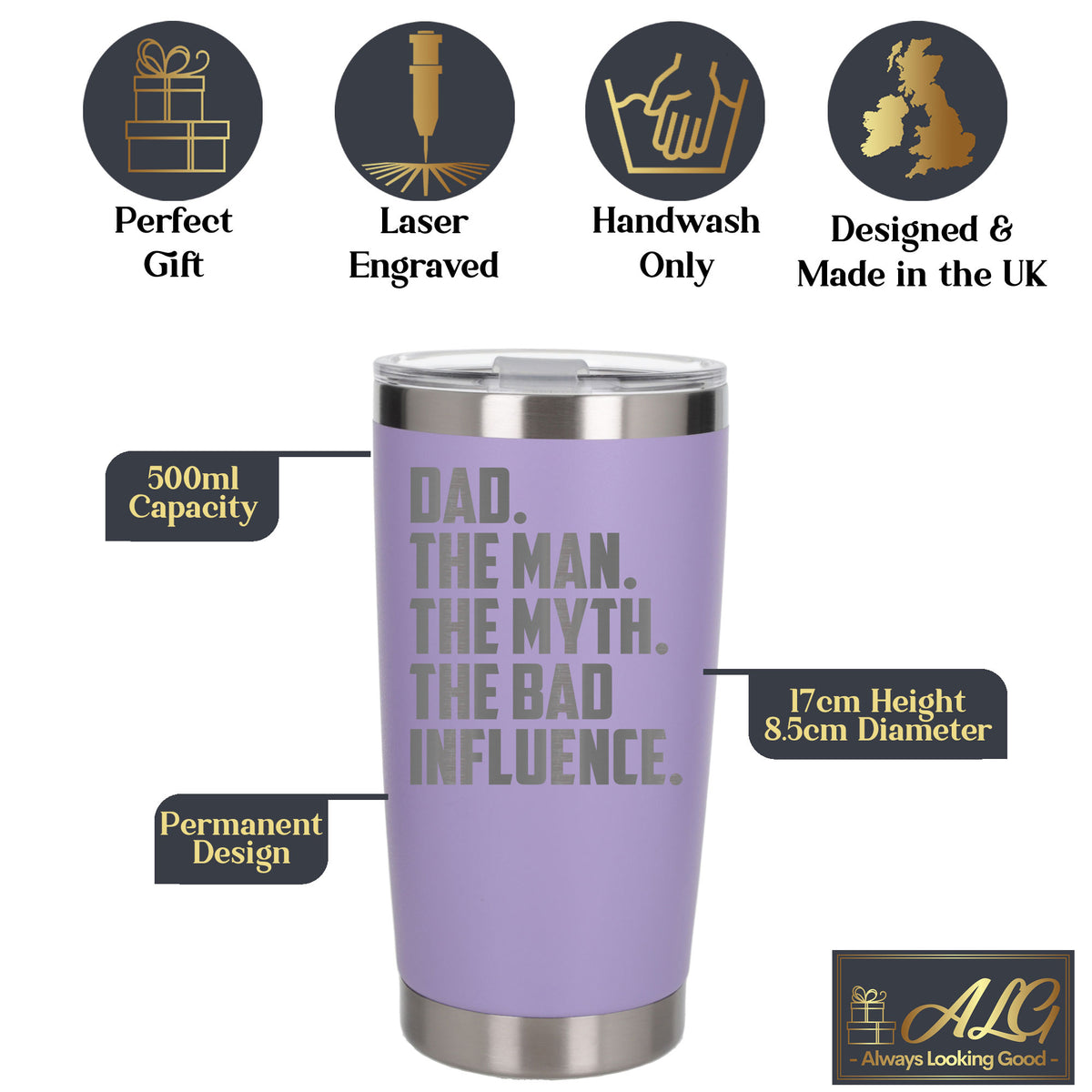 Dad The Man The Myth The Bad Influence Engraved Travel Mug Birthday