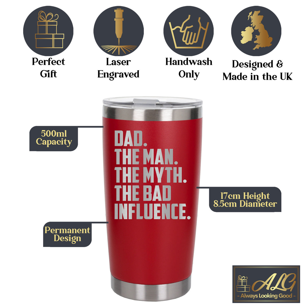 Dad The Man The Myth The Bad Influence Engraved Travel Mug Birthday