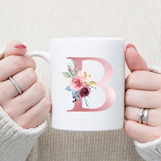 Monogrammed Ceramic Mug – Pink Floral Letter Design for Gift