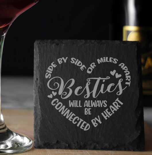 Besties Connected By Heart Engraved Whisky Glass and/or Coaster Set - Always Looking Good - Square Coaster Only