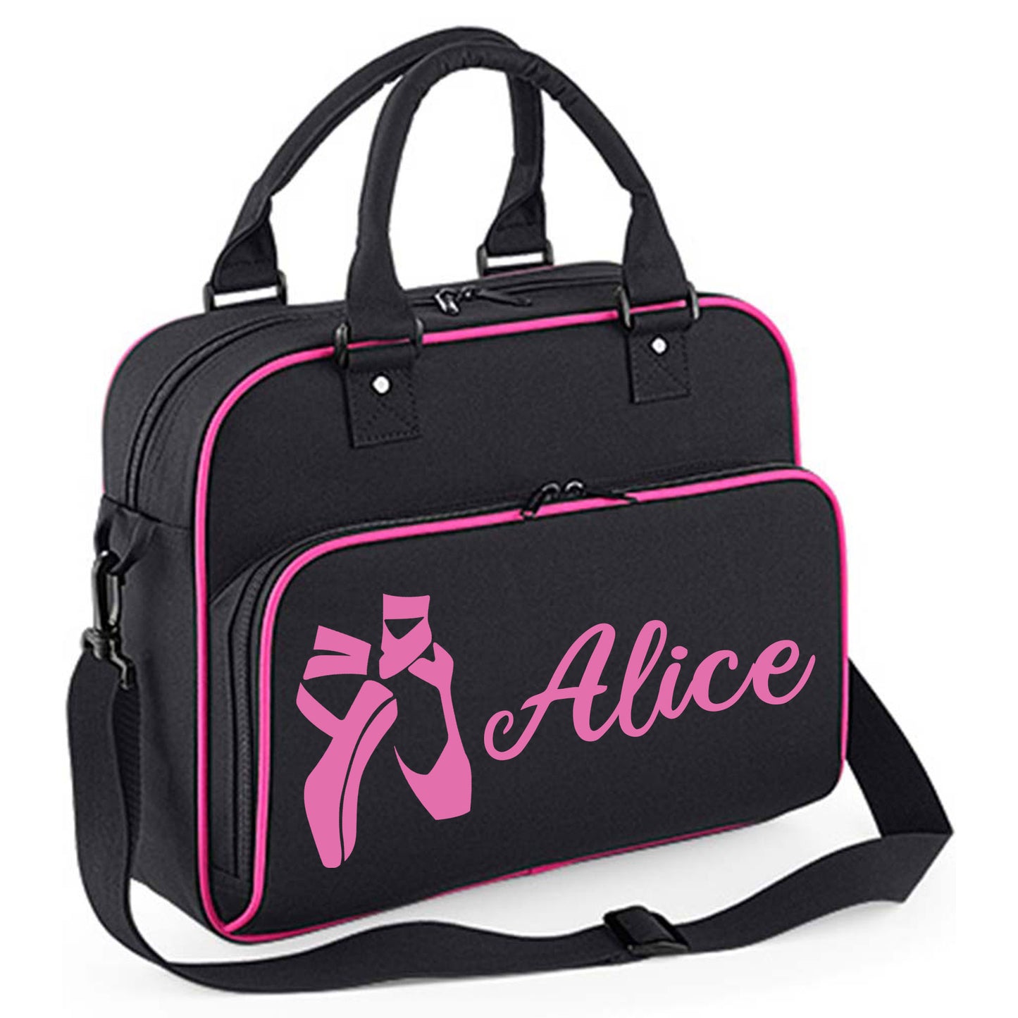 Personalised Dance Bag Kids | Girls Children's Ballet School Bag  - Always Looking Good - Black with Pink Piping Ballet Shoes 