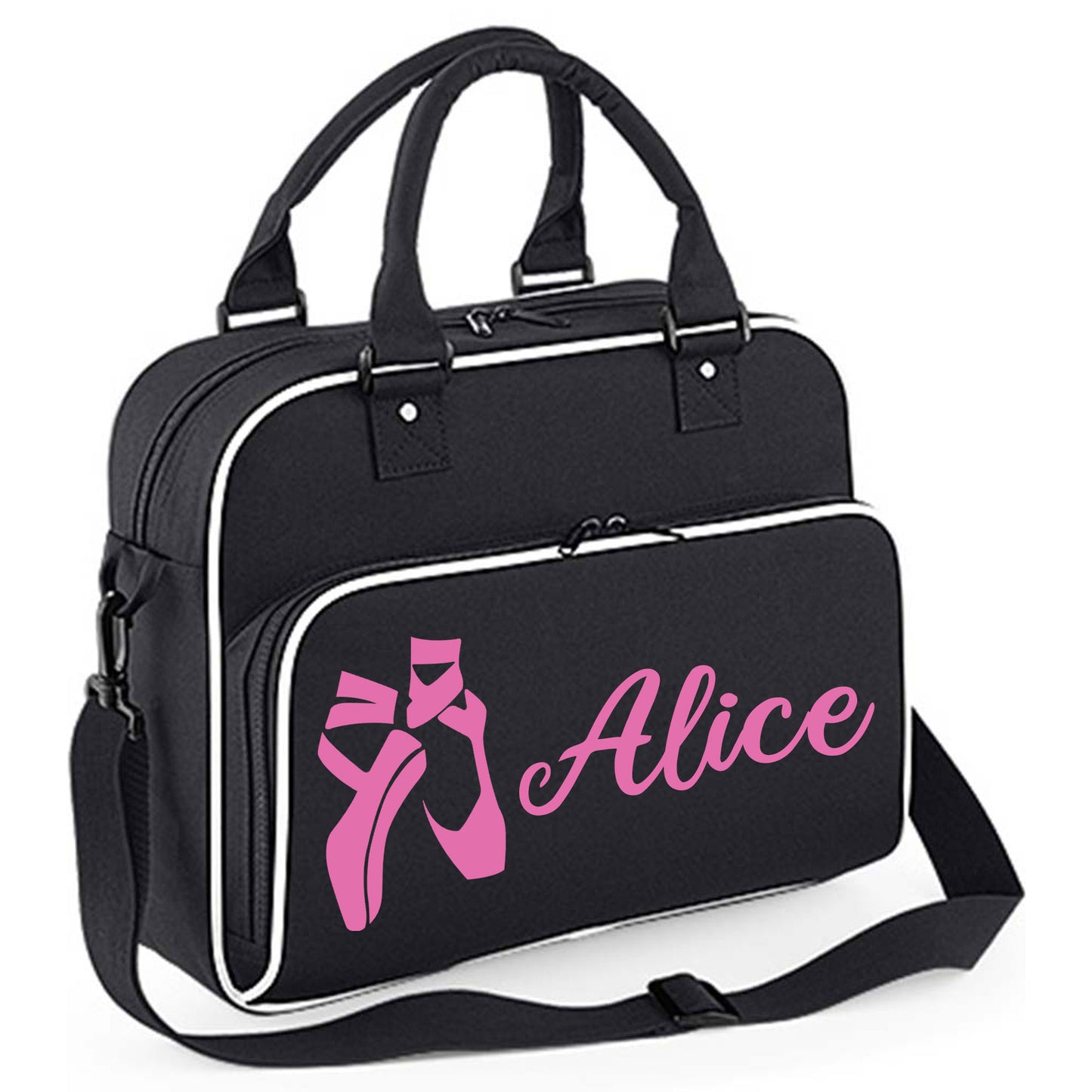 Personalised Dance Bag Kids | Girls Children's Ballet School Bag  - Always Looking Good - Black with White Piping Ballet Shoes 