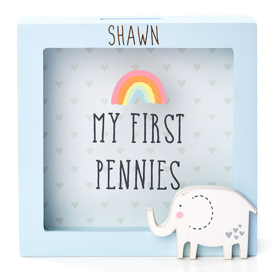 Personalised Engraved Pink/Blue or Cream Money Box Frame Piggy Bank New Baby Gift