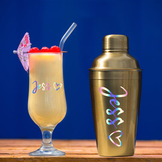 Personalised Gold Cocktail Shaker & Pina Colada Glass Gift Set