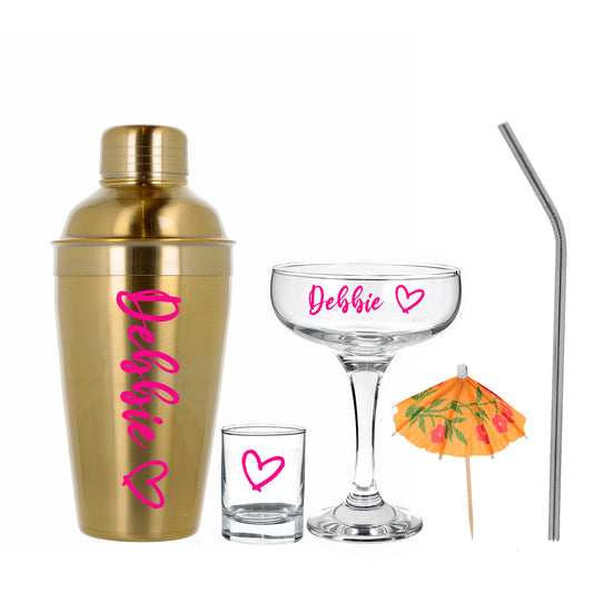 Personalised Gold Cocktail Shaker Set With Martini Glass & Shot Glass Gift Set
