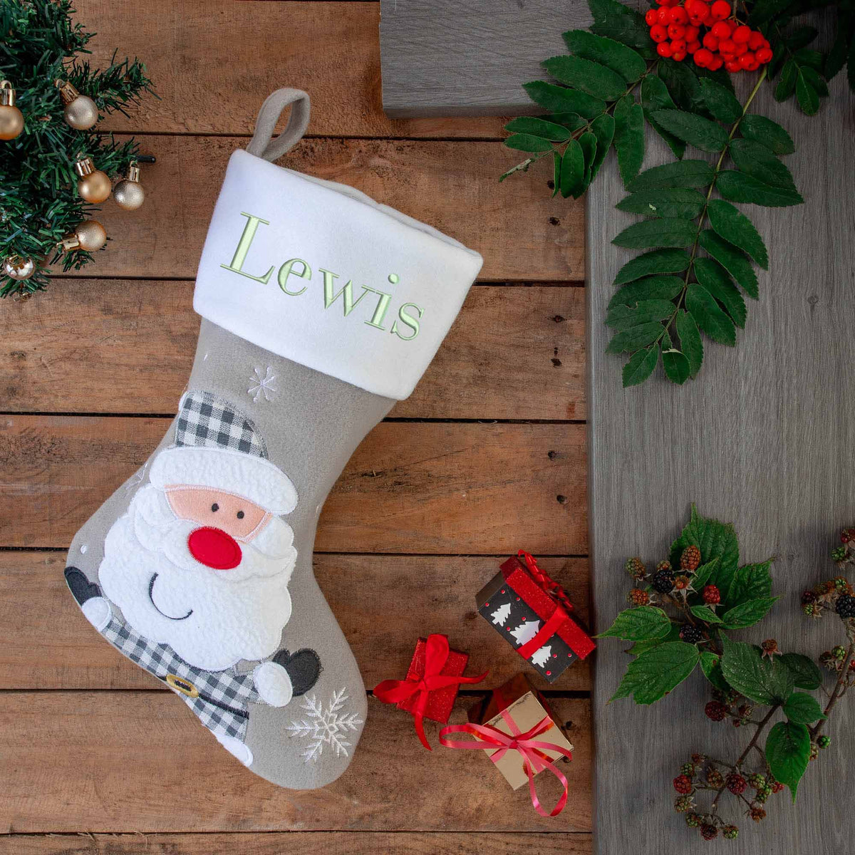 Personalised Embroidered Grey Christmas Santa Stocking with Name - Always Looking Good -