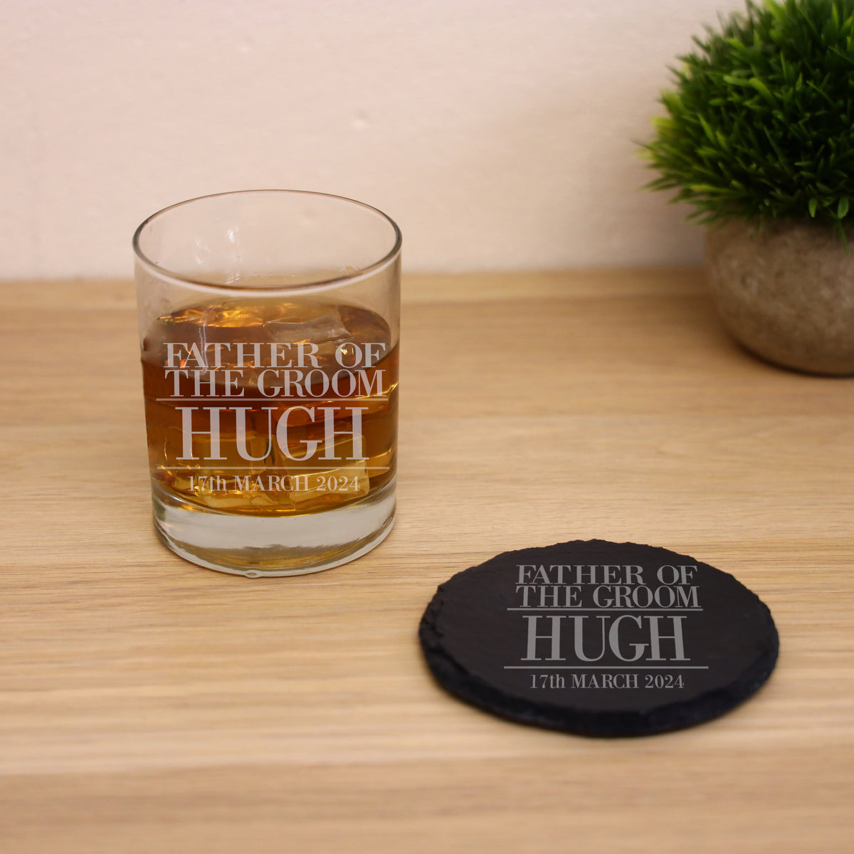 Personalised Father Of The Groom Whisky Glass and/or Coaster Set - Always Looking Good - Glass & Round Coaster Set