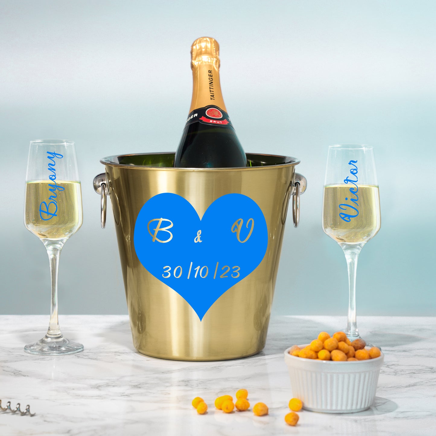 Personalised Heart Design Gold Ice Bucket With Matching Champagne Glasses - Always Looking Good -