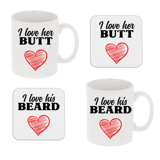 I Love His Beard / Her Butt Mug and/or Coaster Gift  - Always Looking Good - Set Of 2 Mug & Coaster Set