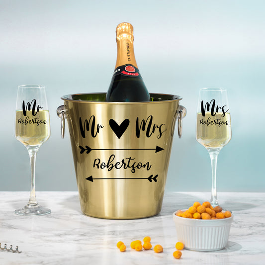 Personalised Wedding Gold Ice Bucket With matching Champagne Glasses  - Always Looking Good -