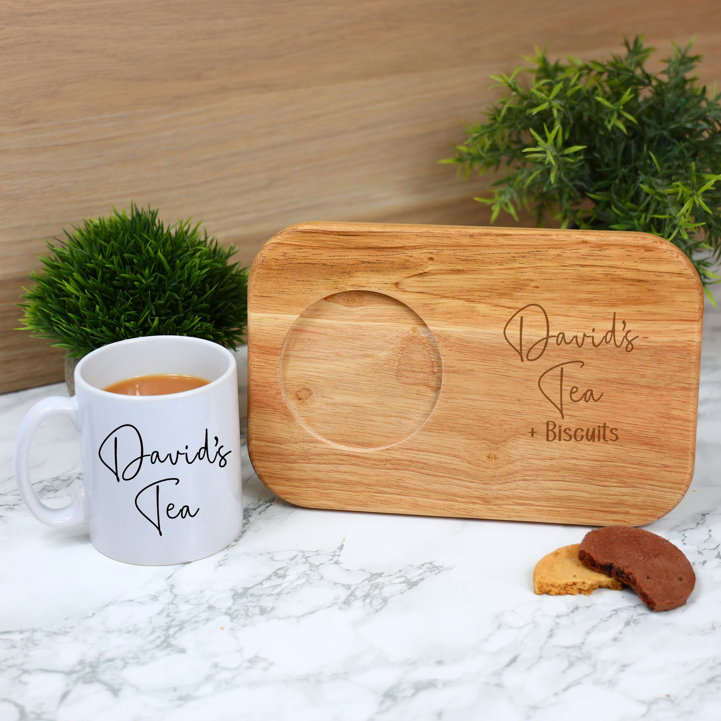 Personalised Tea & Biscuit Engraved Board with Optional Mug and Message