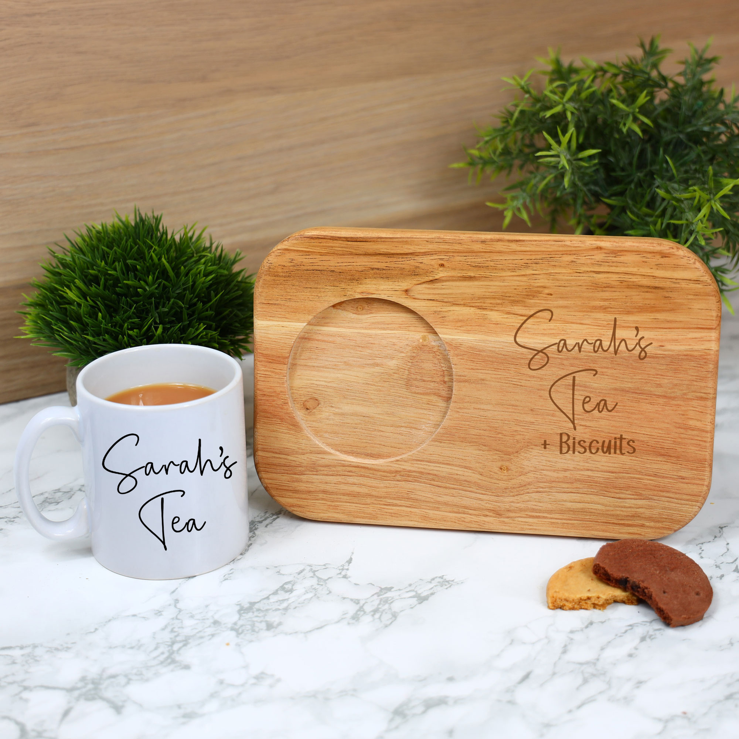 Personalised Tea & Biscuit Engraved Board with Optional Mug and Message
