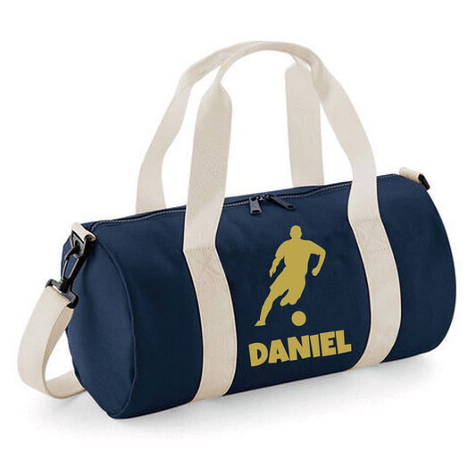 Personalised Male Footballer Barrel Bag with Childs Name